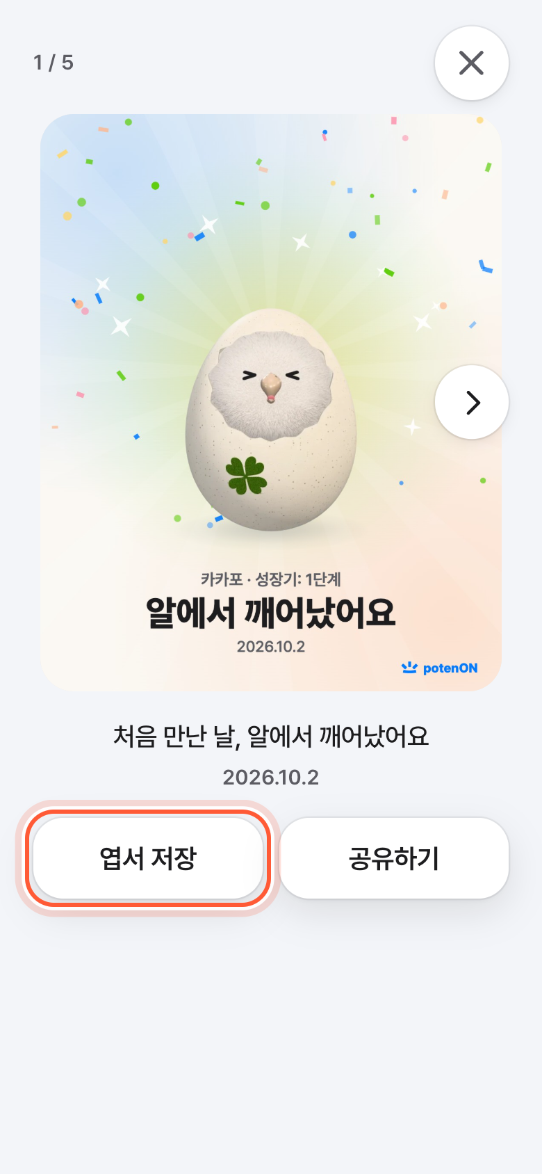 앨범 사진 크게 보기. 사진 아래 엽서 저장 버튼이 강조돼 있고 옆에 공유하기 버튼이 있다.