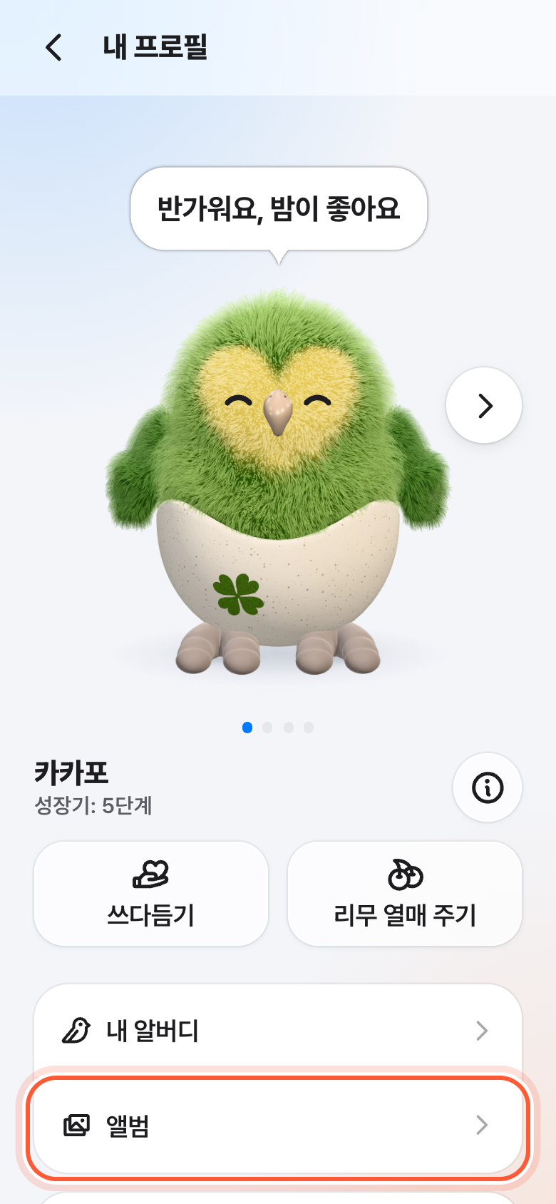 내 프로필 화면. 앨범 줄이 강조돼 있다.