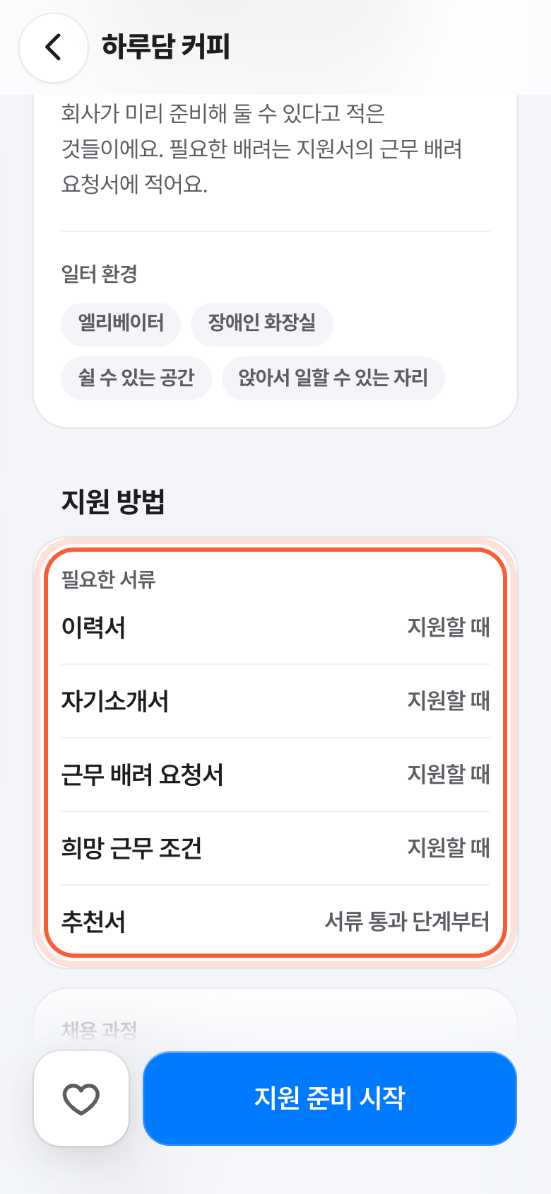 공고 화면 아래쪽의 지원 방법. 필요한 서류 목록이 강조돼 있다.