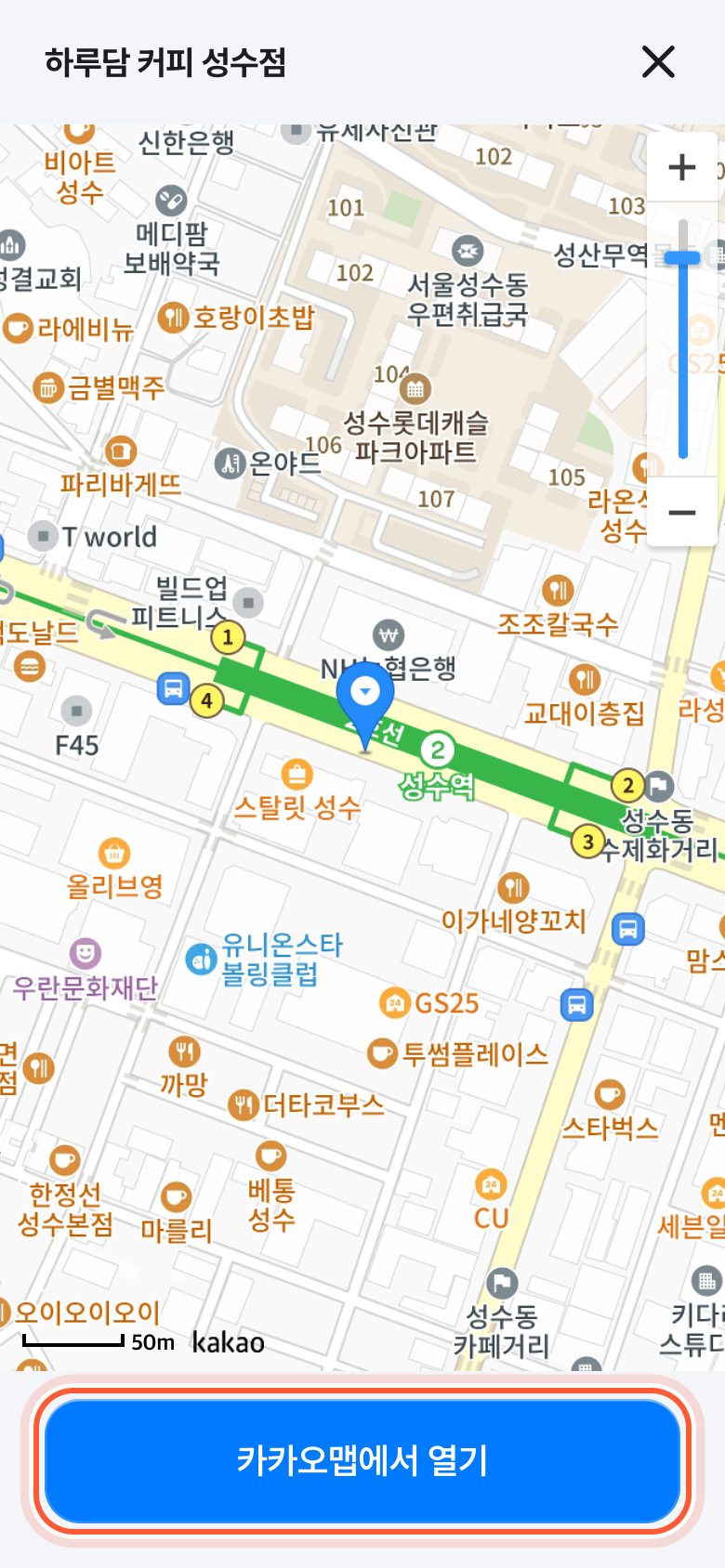 크게 연 지도 화면. 아래쪽 카카오맵에서 열기 버튼이 강조돼 있다.