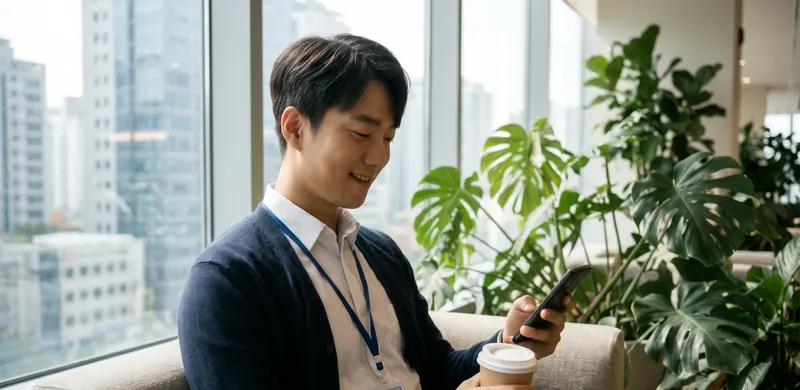 창가 소파에 앉아 쉬며 휴대폰을 보는 직원